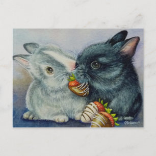 Postal Conejos de conejo y fresas desmerecidas acuarela a