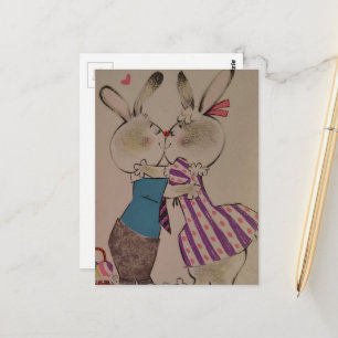 Postal Conejos de Pascua besándose al estilo retro