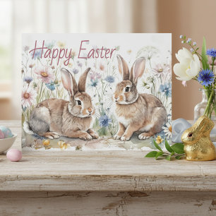 Postal Conejos de Pascua personalizados y acuarela floral