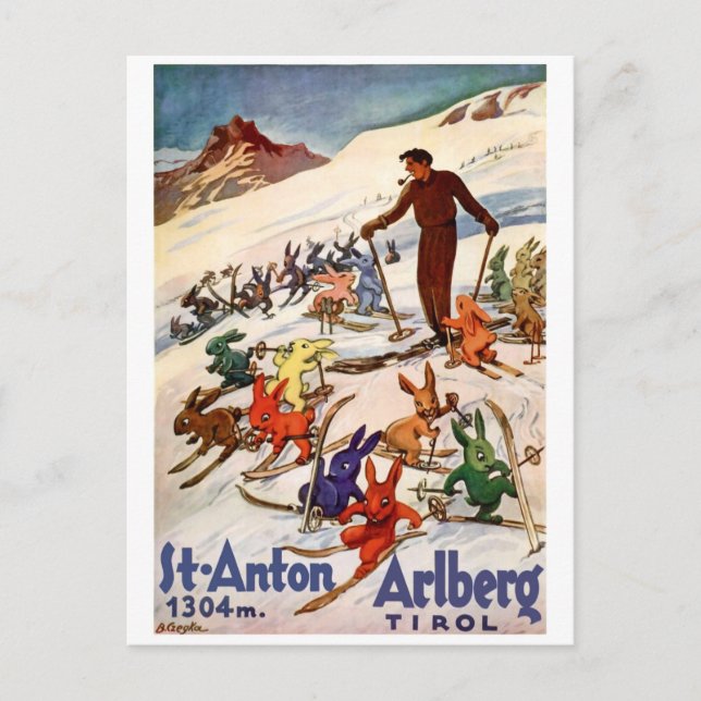 Postal Conejos Esquíando en St. Anton, Tirol, Austria (Anverso)
