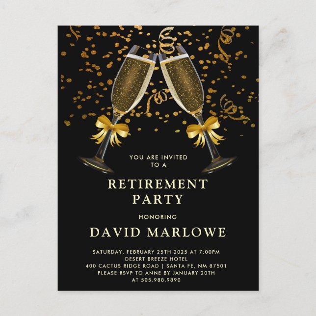 Postal Confeti de champán negro doradoGlitter (Anverso)