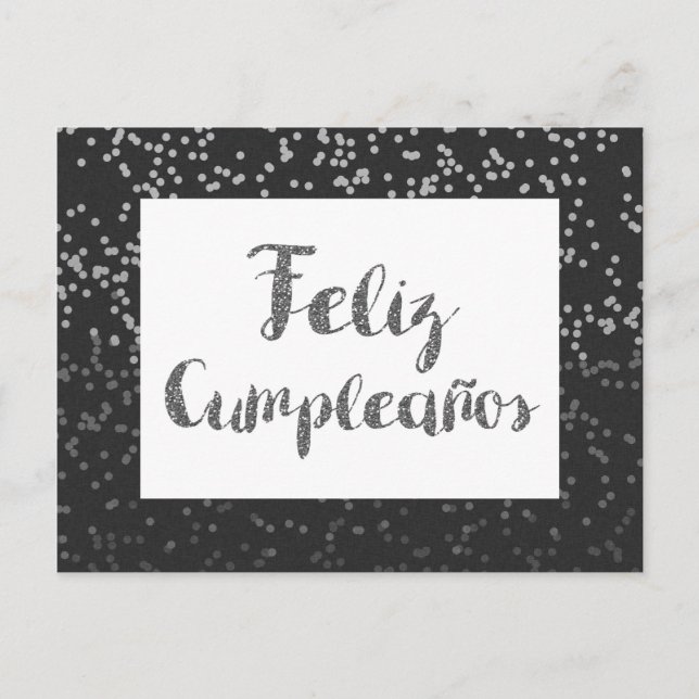 Postal Confeti de plata y Feliz Cumpleaños con brillo (Anverso)
