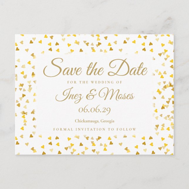 Postal Confetti Gold Hearts Save the Date (Anverso)