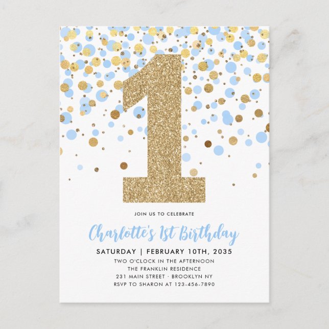 Postal Confetti Purpurina Cute Dusty Blue Gold Primer cum (Anverso)
