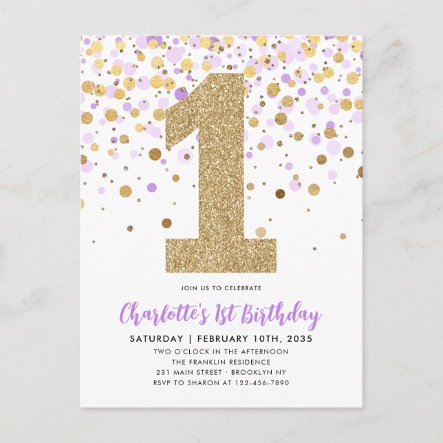 Postal Confetti Purpurina Cute Purple Gold (Anverso)