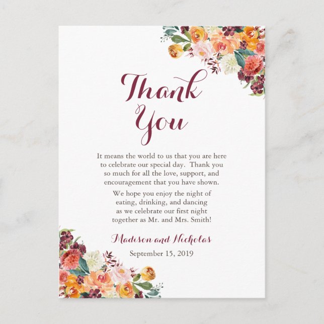 Postal Configuración del lugar del Boda de flores de otoñ (Anverso)