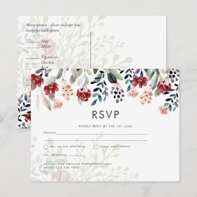 Postal Confirmación de Boda Floral Azul de Borgoña (Anverso / Reverso)
