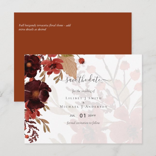 Postal Conjunto de Boda Floral de Otoño Terracota Rojo Bu (Anverso / Reverso)