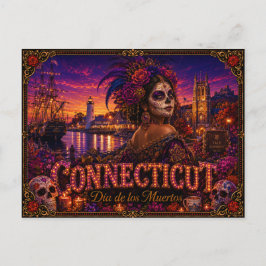 Postal Connecticut Día de los Muertos Retro