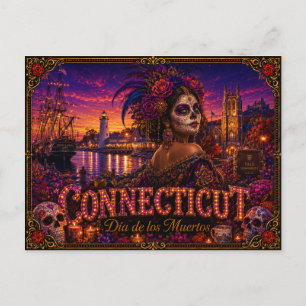 Postal Connecticut Día de los Muertos Retro