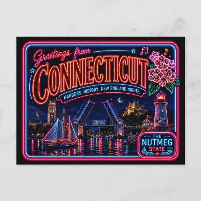 Postal Connecticut Neon Estado Retro Vintage (Anverso)