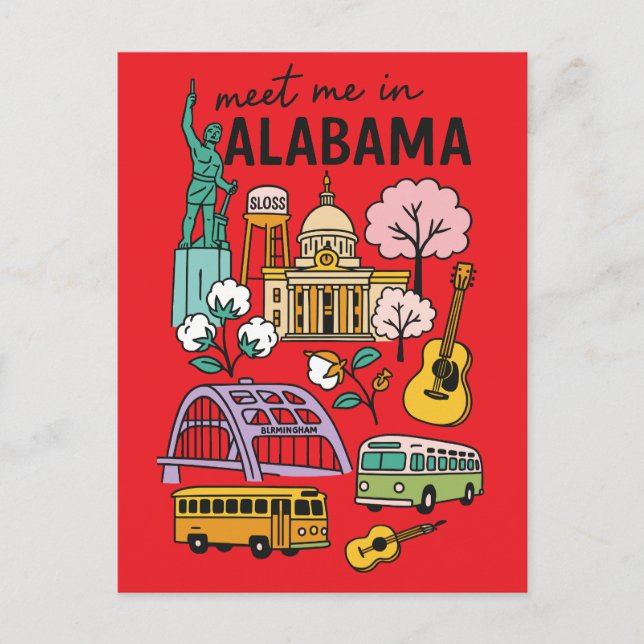 Postal Conoce Me En Alabama Iconos Retro (Anverso)