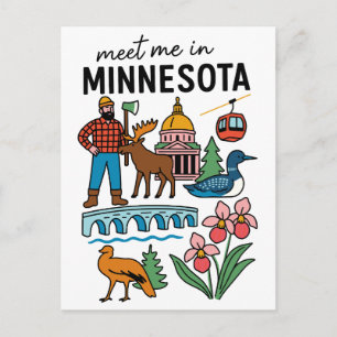 Postal Conócenos en Minnesota Iconos de Loon Moose Leñado