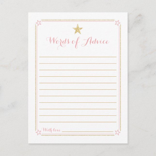 Postal Consejos de Baby Shower Twinkle Little Star Pink G (Anverso)