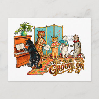 Postal Consigue tu ritmo con gatos musicales vintage