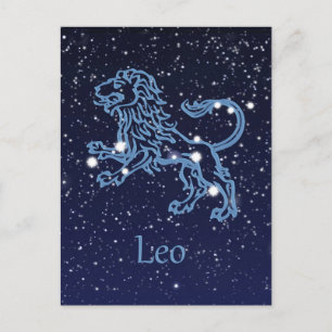 Postal Constelación de Leo y signo zodiacal con estrellas