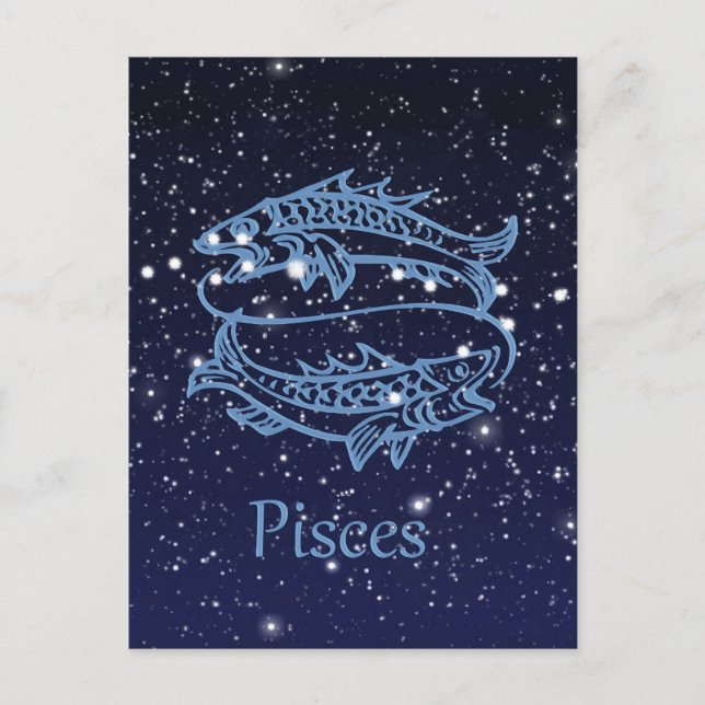 Postal Constelación Pisces y Rótulo Zodiaco con Estrellas (Anverso)
