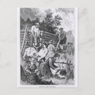 Postal Construcción de la cabaña de madera