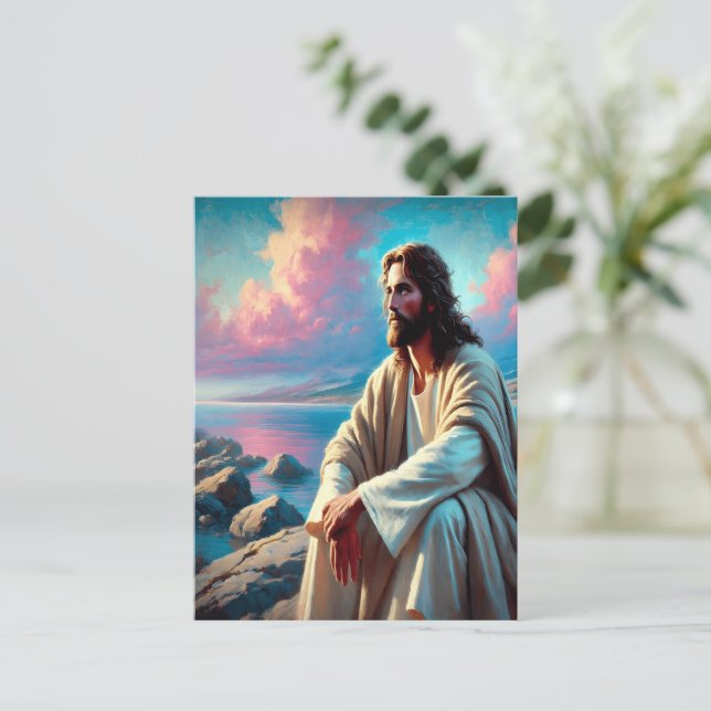 Postal Contemplación de Jesús junto a la costa majestuosa (Anverso de pie)