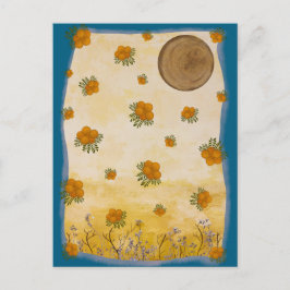 Postal Contemporâneo Dourado Ilustrado Flor Lua Colagem