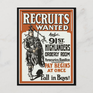 Postal Contratación 91ª Highlanders Bagpiles WWI