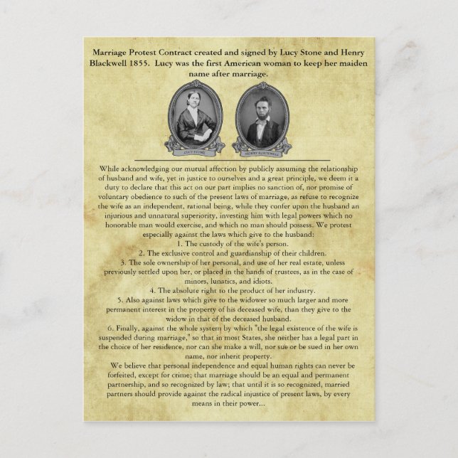 Postal Contrato matrimonial Lucy Stone Henry Blackwell (Anverso)