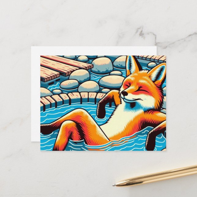 Postal Cool Red Fox in a Hotspring Pool (Anverso/Reverso In Situ)