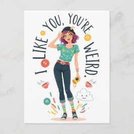 Postal Cool Weird Girl Illustration I Like You Quirky 