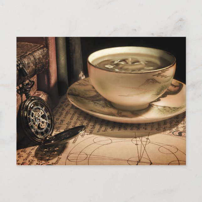 Postal Copa Steampunk de café sobre Saucer con Pocket Wat (Anverso)
