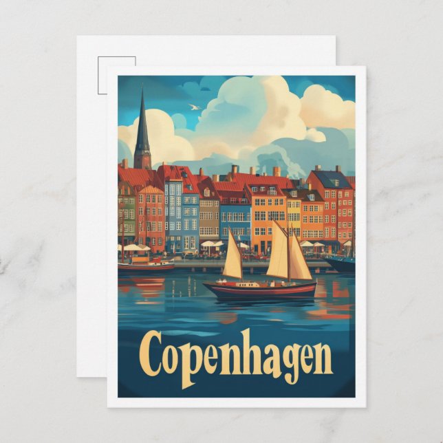 Postal Copenhague Dinamarca Ilustracion de Viajes de Arte (Anverso / Reverso)
