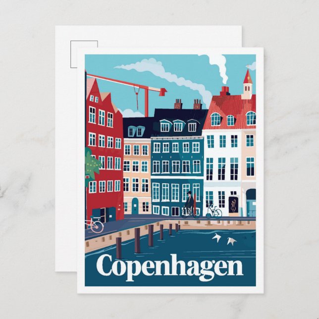 Postal Copenhague Dinamarca Ilustracion de Viajes de Arte (Anverso / Reverso)
