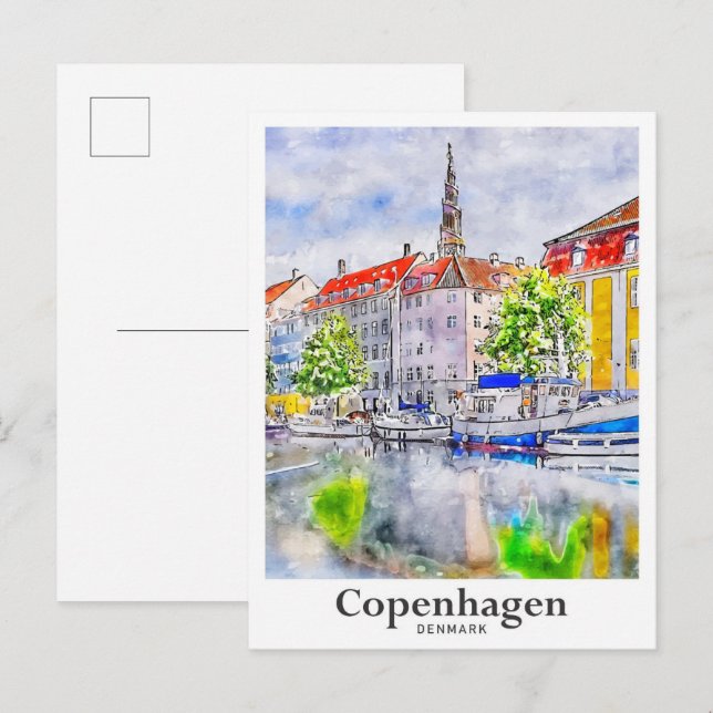 Postal Copenhague Dinamarca mano acuarela de viaje (Anverso / Reverso)