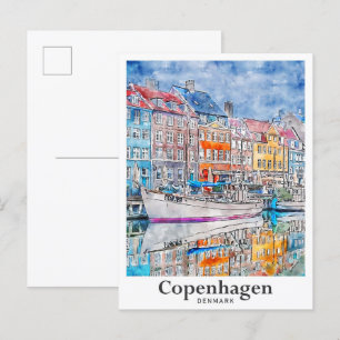 Postal Copenhague Dinamarca mano acuarela de viaje