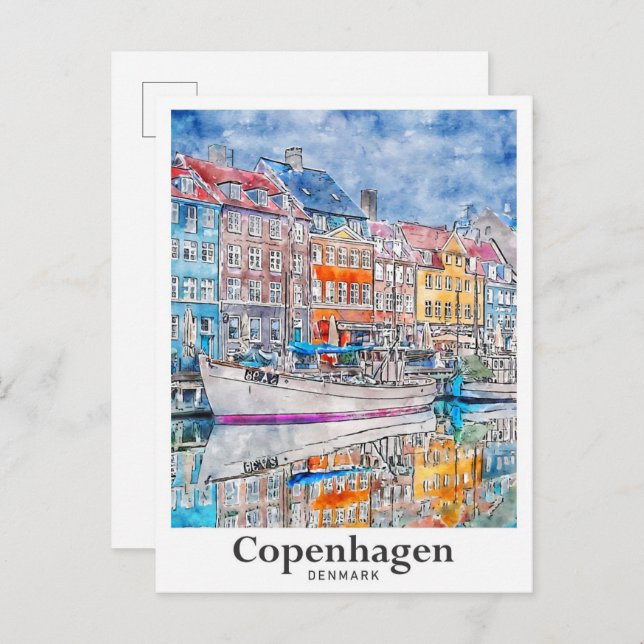 Postal Copenhague Dinamarca mano acuarela de viaje (Anverso / Reverso)