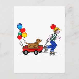 Postal Copia de niño, perro, vagón y globos