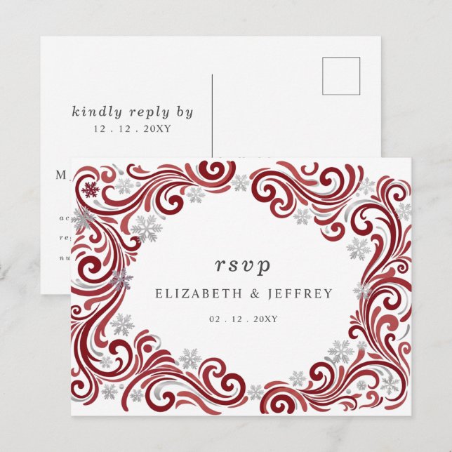 Postal Copia de respuesta para boda de invierno Copos de  (Anverso / Reverso)