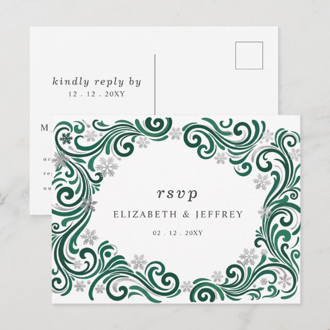 Postal Coping RSVP Boda de Invierno Copos de Nieve Esmera (Anverso / Reverso)