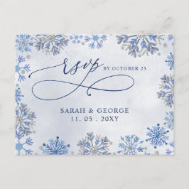 Postal Copo de Nieve Azul Plateado RSVP de Boda de Invier