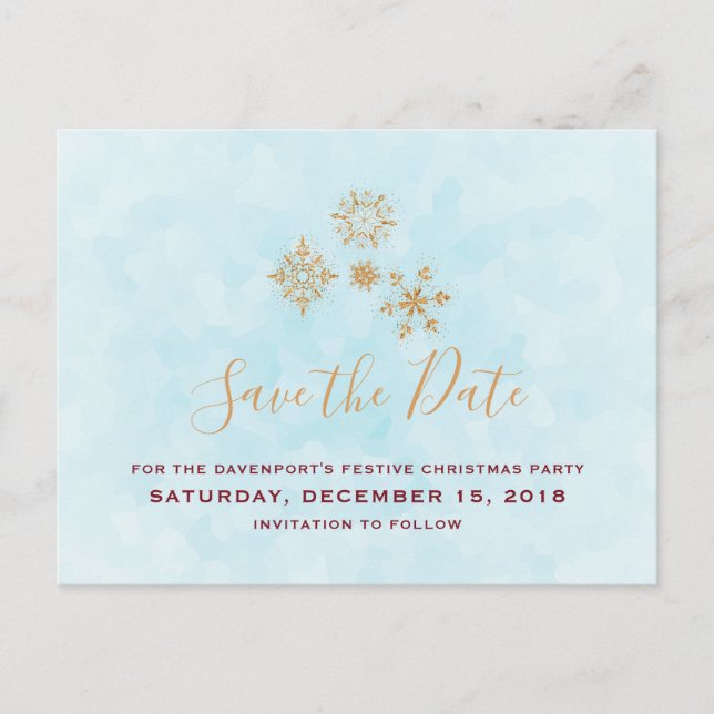 Postal Copos de nieve de oro sobre la escarcha azul salva (Anverso)