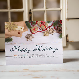 Postal Copos de nieve y pino    Saludos de vacaciones rus