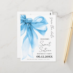 Postal Coqueta de lazo azul Sweet 16 Guardar la fecha