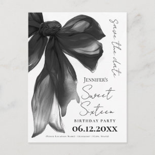 Postal Coqueta de lazo negro Sweet 16 guardar la fecha