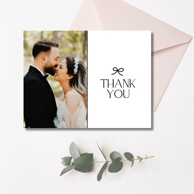 Postal Coquette Bow Boda Foto Gracias (Coquette Bow Wedding Photo Thank You Postcard)