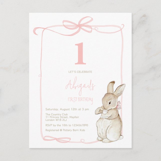 Postal Coquette Pink Peter the Rabbit Girl Primer cumplea (Anverso)