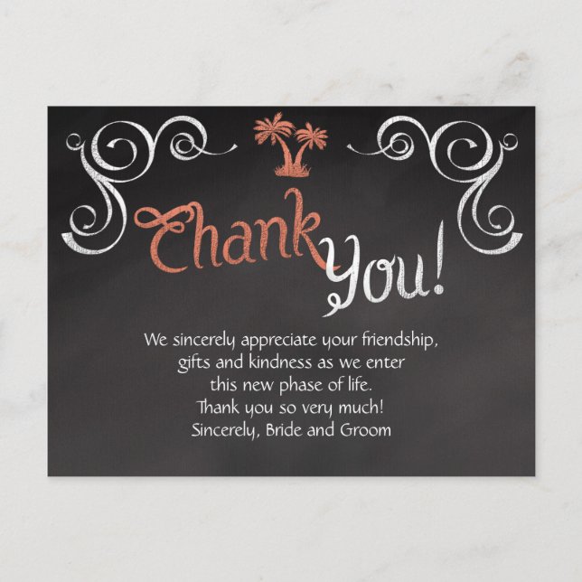 Postal Coral Chalkboard Script Beach Wedding Gracias (Anverso)