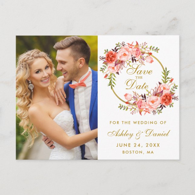 Postal Coral Floral Wreath Gold Save The Date Photo (Anverso)