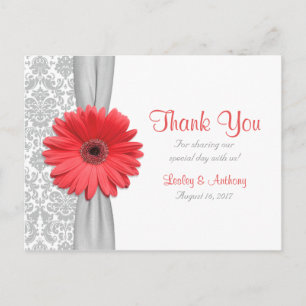 Postal Coral Gerbera Daisy Gray Damask Wedding Gracias