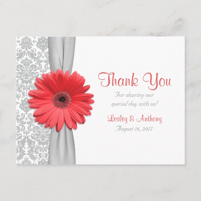 Postal Coral Gerbera Daisy Gray Damask Wedding Gracias (Anverso)