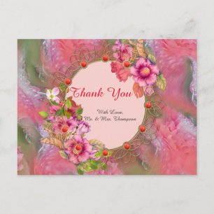 Postal Coral, hierba y flores rosa peonía