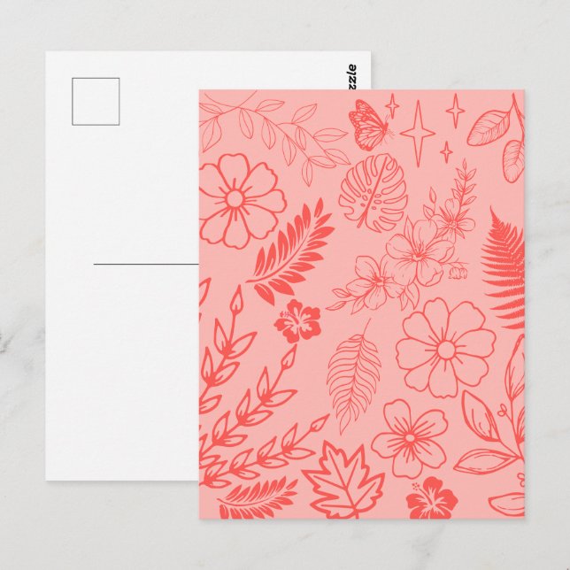 Postal Coral Red Tropical Floral Pattern  (Anverso / Reverso)